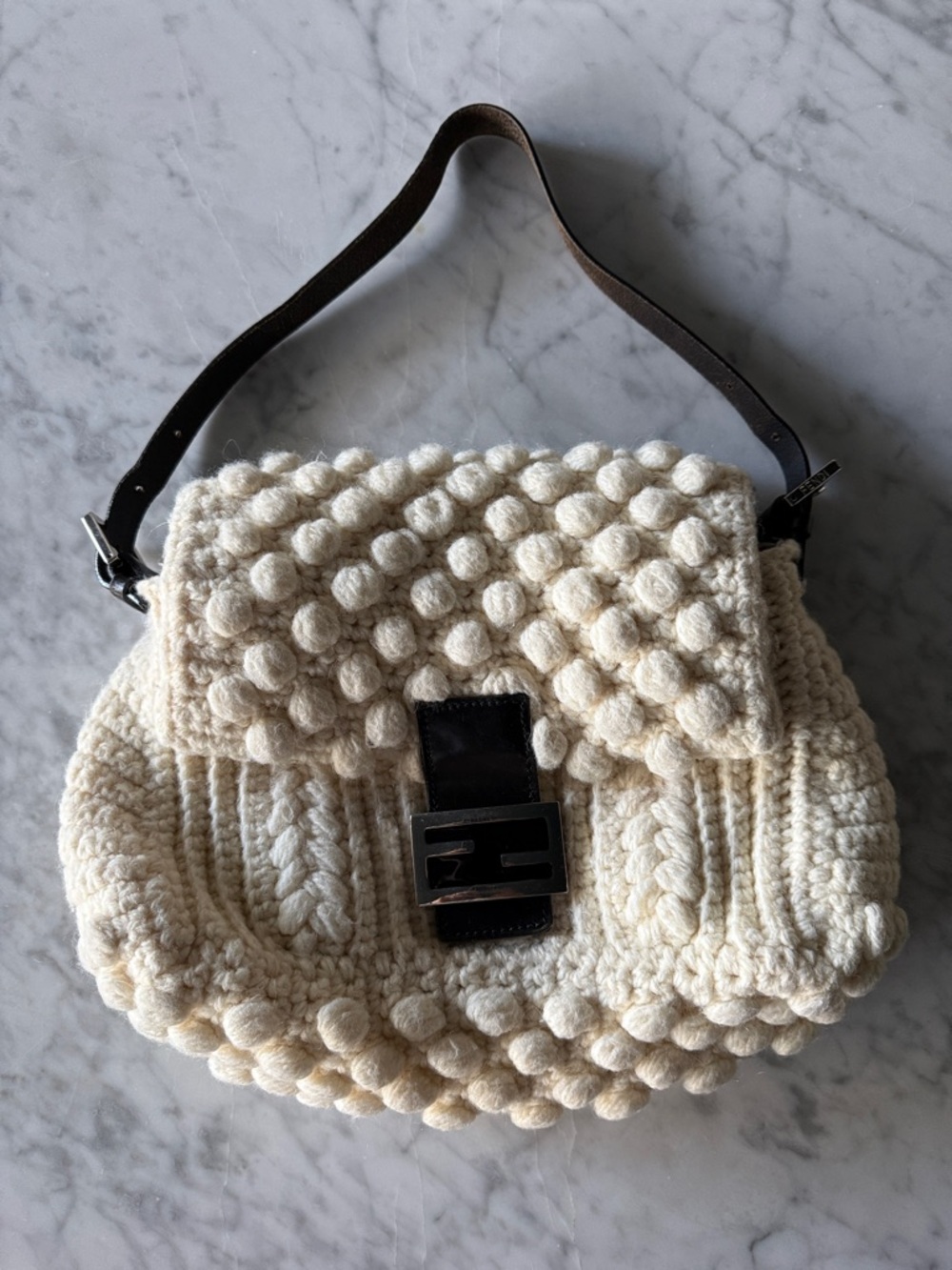 FENDI Cream Knit Shoulder Bag with Leather Accent